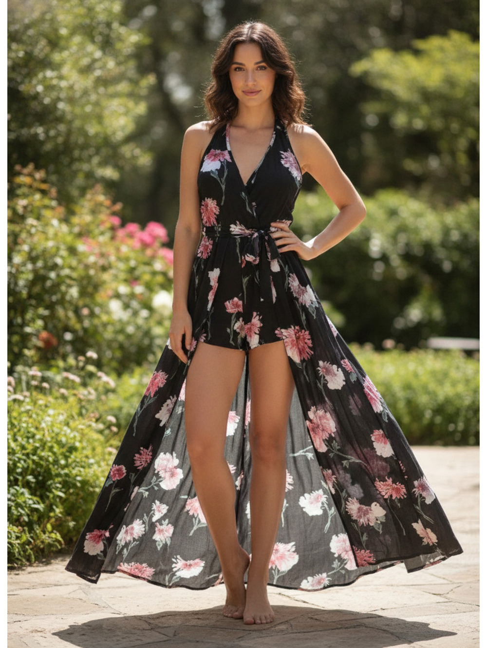 Anthropologie Band of Gypsies Black Floral Halter Romper XS